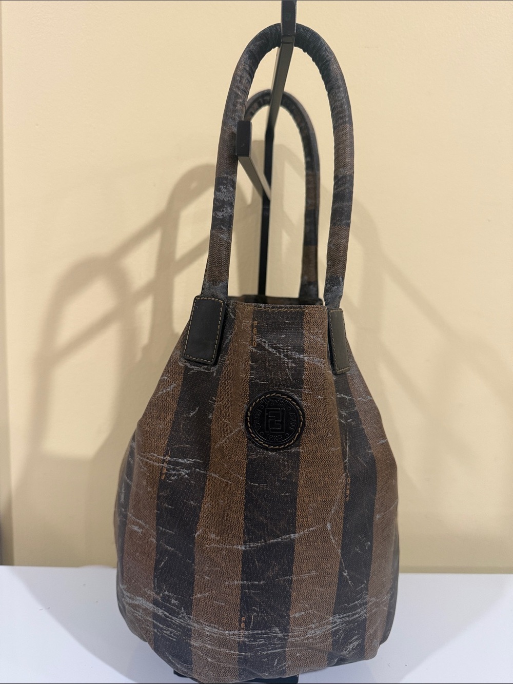 Fendi Brown and Black Striped Bucket Tote Shoulder Bag